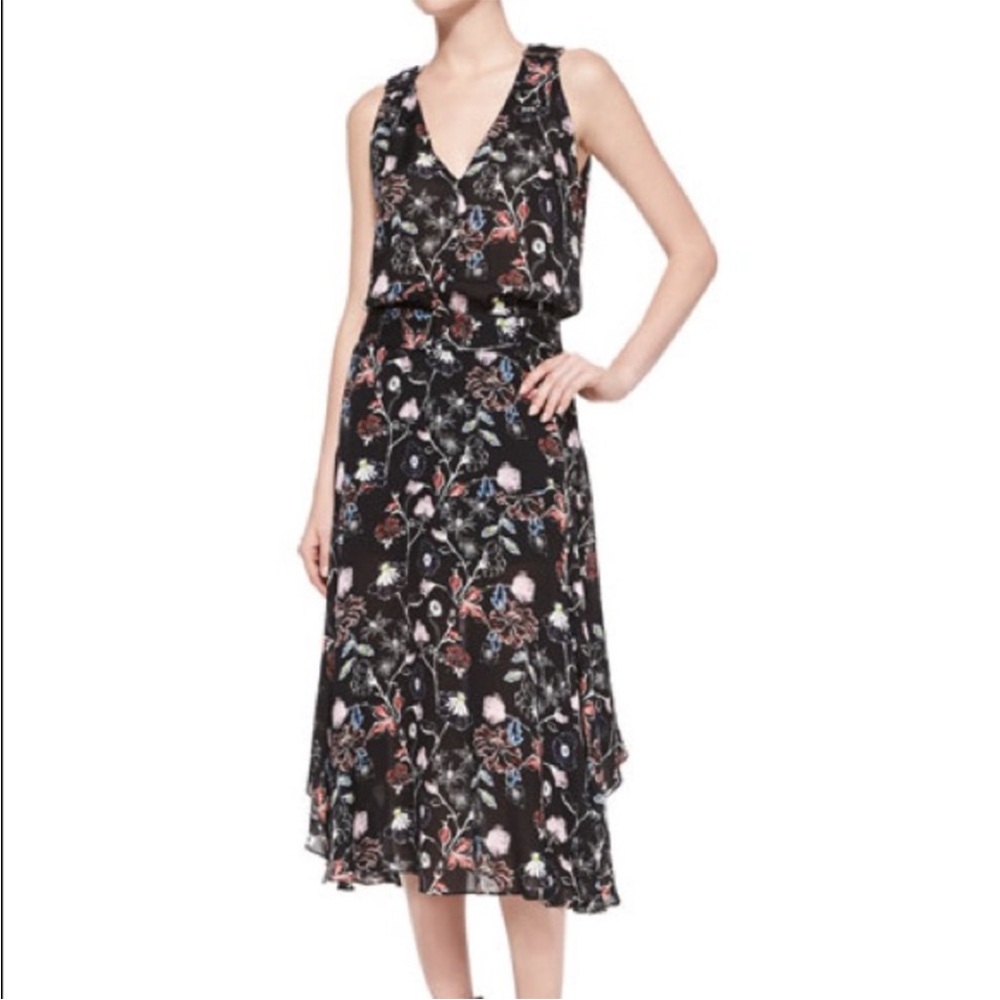 A.L.C. Silk Costello Black Floral Sleeveless Buckle Midi Dress Size 2